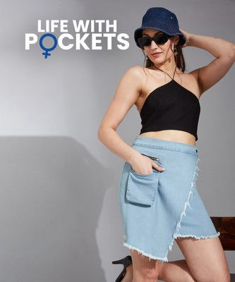 Life With Pockets Solid Women Asymetric Blue Skirt