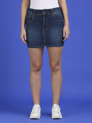 Pepe Jeans Solid Women A-line Blue Skirt