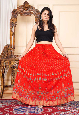 Mrfabricse Printed Women Flared Red Skirt