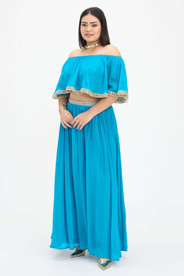 virgio Solid Women Flared Blue Skirt