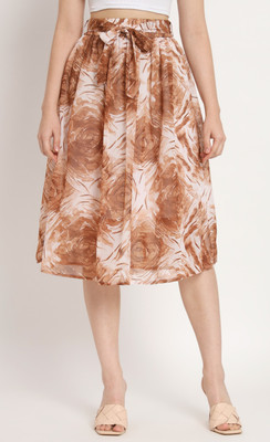 NUEVOSDAMAS Printed Women Pleated Brown Skirt