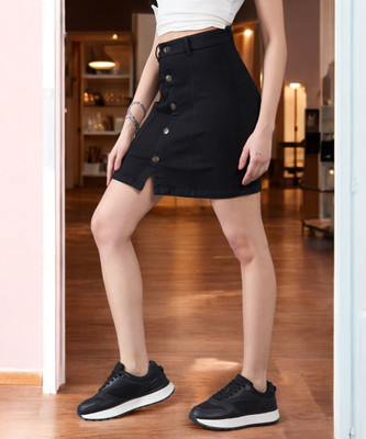 DOLCE CRUDO Solid Women Flared Black Skirt