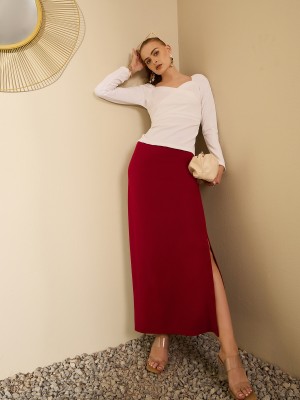 Berrylush Solid Women Straight Red Skirt