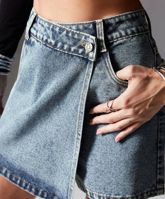 Miss Chase Solid Women Denim Blue Skort