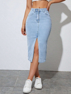 dolsia Solid Women Pencil Light Blue Skirt