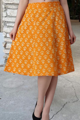 POPWINGS Printed Women Flared Yellow Skirt