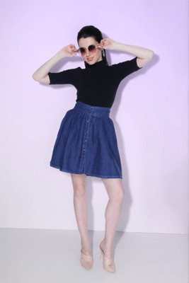 CEFALU Solid Women Pleated Blue Skirt
