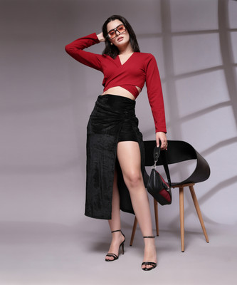 KASSUALLY Solid Women Straight Black Skirt