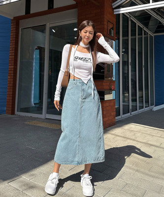 KOTTY Solid Women Straight Light Blue Skirt