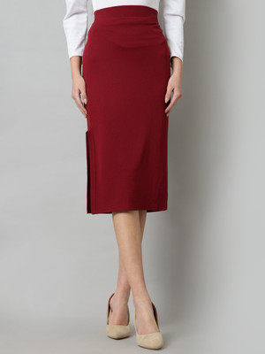 Doil Domec Solid Women Pencil Maroon Skirt