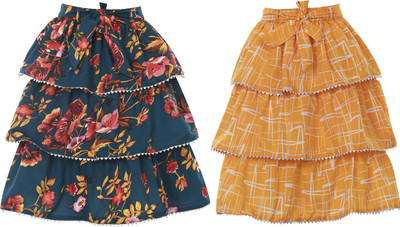 Hunoor Floral Print Girls Pleated Yellow Skirt