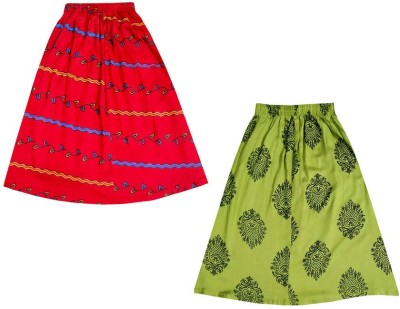 IndiWeaves Printed Girls Flared Red, Dark Blue Skirt