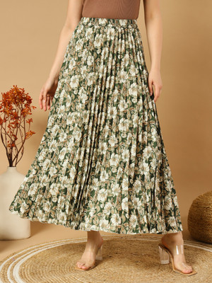 ZWERLON Floral Print Women Flared Green Skirt