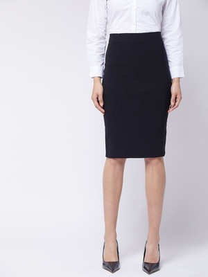 Purple Feather Solid Women Pencil Black Skirt