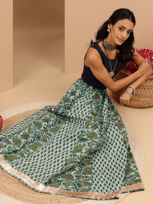 Janasya Floral Print Women Flared Blue Skirt