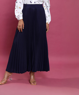Tokyo Talkies Solid Women Pleated Dark Blue Skirt
