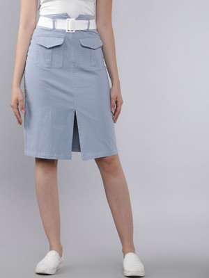 Tokyo Talkies Solid Women Pencil Blue Skirt