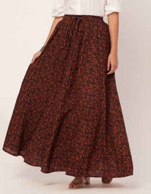 moomaya Printed Women Flared Black, Maroon Skirt
