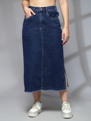 PLUSS Solid Women Regular Dark Blue Skirt