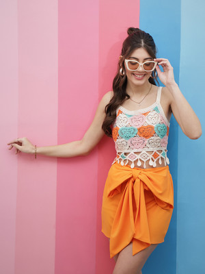 Mayffei Solid Women Pencil Orange Skirt
