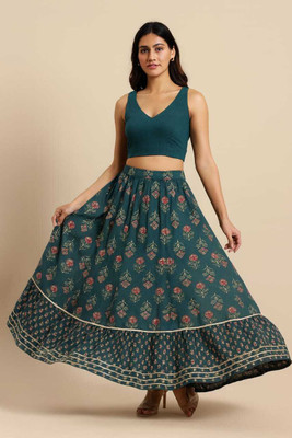 Desilooms Floral Print Women Flared Dark Green Skirt