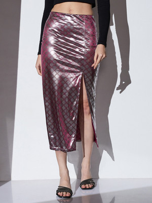 Globus Self Design Women Pencil Silver, Pink Skirt