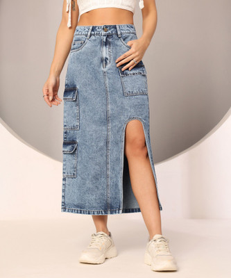 DOLCE CRUDO Solid Women Straight Blue Skirt