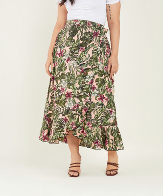CURVE BY KASSUALLY Floral Print Women Wrap Around Green, Multicolor Skirt