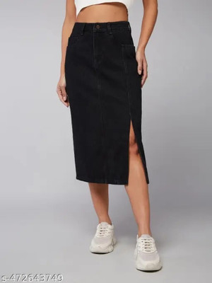Herway Solid Women Regular Black Skirt