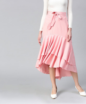 BITTERLIME Solid Women Flared Pink Skirt