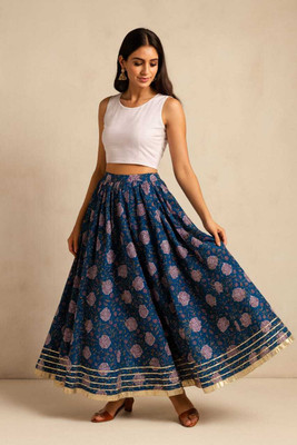 Desilooms Floral Print Women Flared Dark Blue Skirt