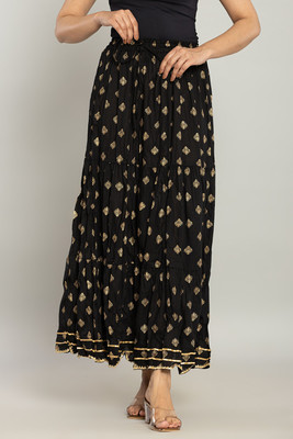 kumbhaj Printed Women Flared Black Skirt