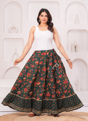 Clothy N Wave Printed Women Flared Green Skirt