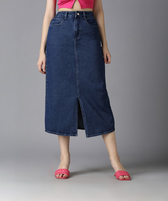 CEFALU Solid Women Pencil Dark Blue Skirt