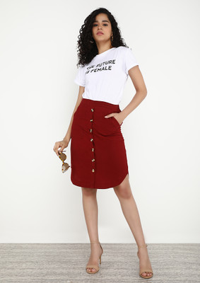 LULU & SKY Solid Women Asymetric Maroon Skirt