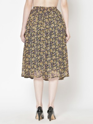 Cation Floral Print Women Gathered Black Skirt