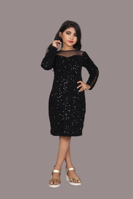 WAZIX Clothing Girls Midi/Knee Length Party Dress(Black, Full Sleeve)
