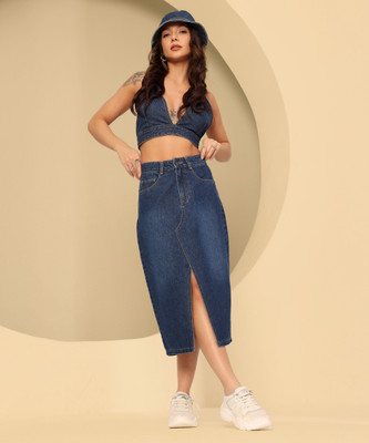 DOLCE CRUDO Solid Women Asymetric Blue Skirt
