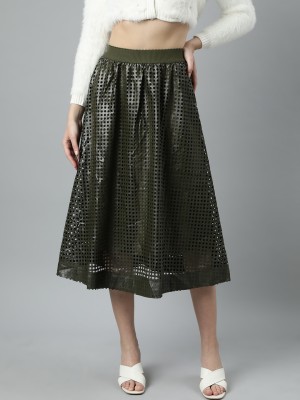 Showoff Self Design Women Flared Dark Green Skirt