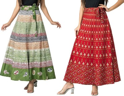 Hendygraph Printed Women Wrap Around Green, Red Skirt