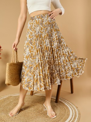ZWERLON Floral Print Women Pleated Yellow Skirt