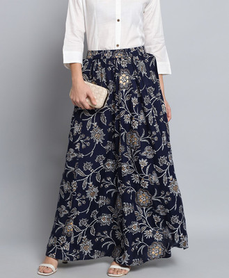 HARSUKHI Floral Print Women Flared Blue Skirt