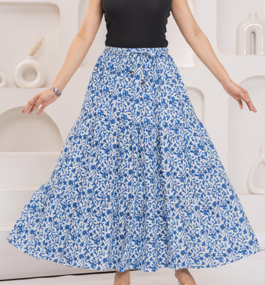 MFGIVA Floral Print Women Gathered White Skirt
