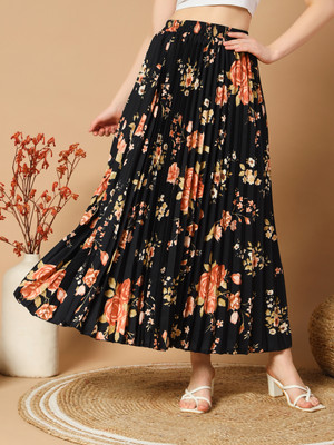 ZWERLON Floral Print Women A-line Black Skirt