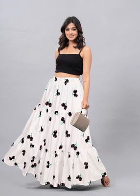 OMENTERPRISE Floral Print Women Flared White Skirt