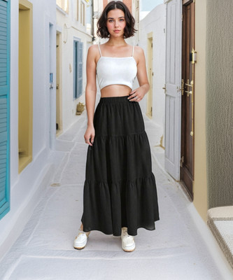 Mrfabricse Solid Women Tiered Black Skirt