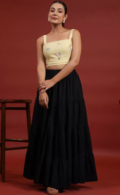GLP Solid Women Flared Black Skirt