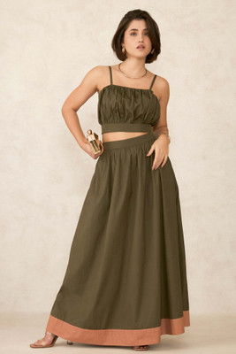 virgio Colorblock Women Flared Green Skirt