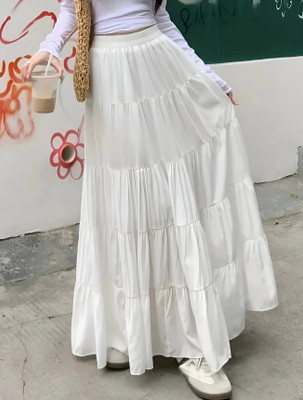 SLF INDIA Solid Women Gathered White Skirt