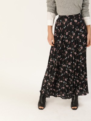 U&F Floral Print Women Pleated Black Skirt